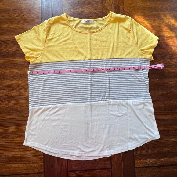 YunJey Yellow Gray White Tri Color Block Stripe Short Sleeve Top Plus 2XL Womens - Picture 12 of 13
